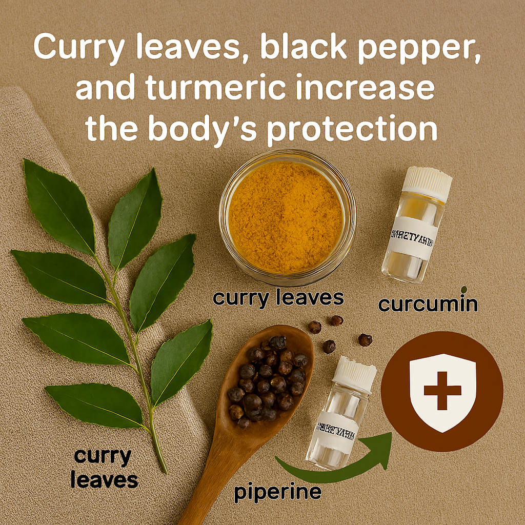 Flat-lay image of curry leaves, black peppercorns in a wooden spoon, and turmeric powder in a glass jar on linen cloth. Two labeled vials (“piperine” and “curcumin”) represent bioactive compounds. A green arrow points to a white immune shield icon. Text overlay reads: “Curry leaves, black pepper, and turmeric increase the body's protection.”