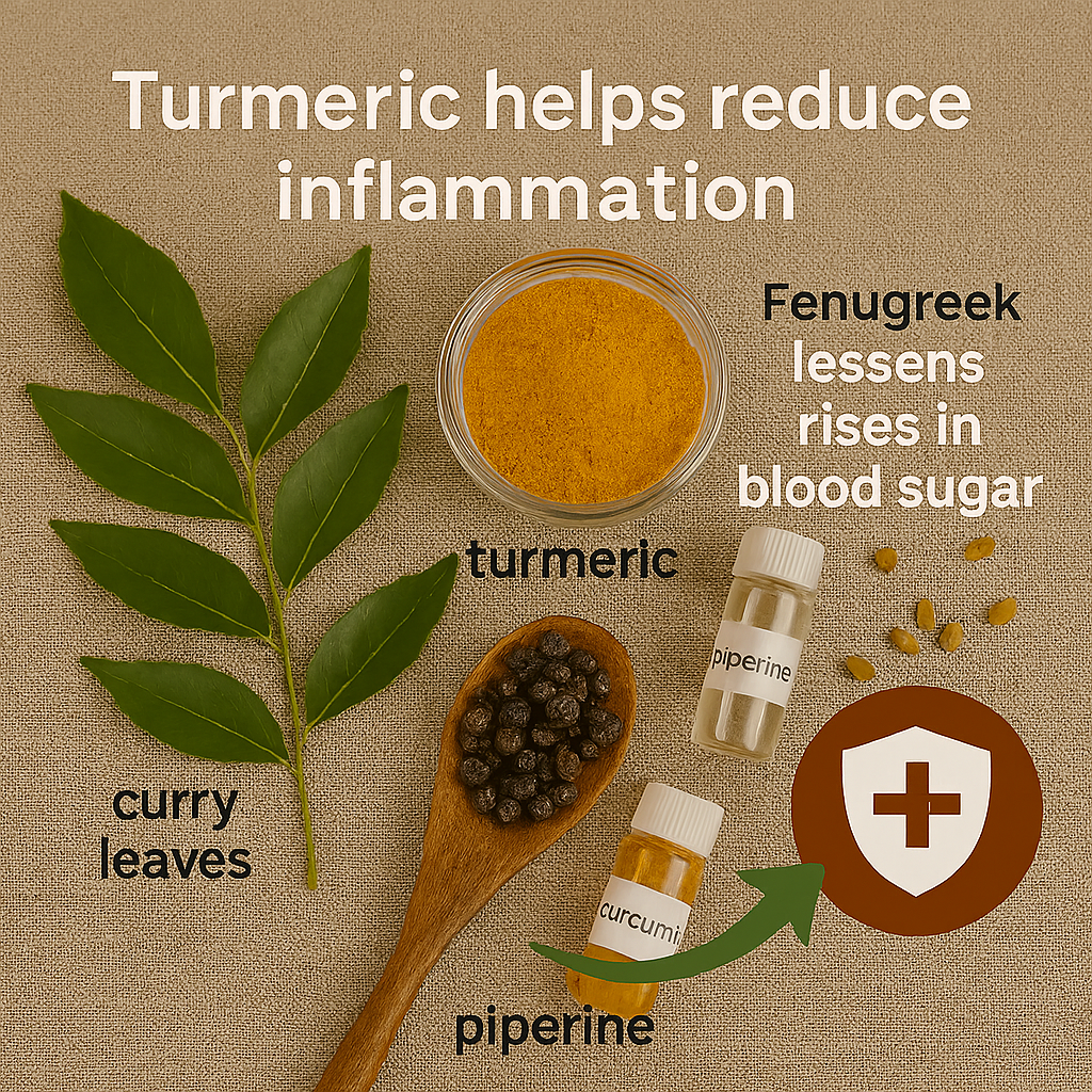 Flat-lay image of turmeric powder in a glass bowl, fenugreek seeds in a wooden spoon, and fresh curry leaves on beige linen. Text overlay highlights their benefits: turmeric reduces inflammation, fenugreek controls blood sugar, and curry leaves regulate cholesterol.