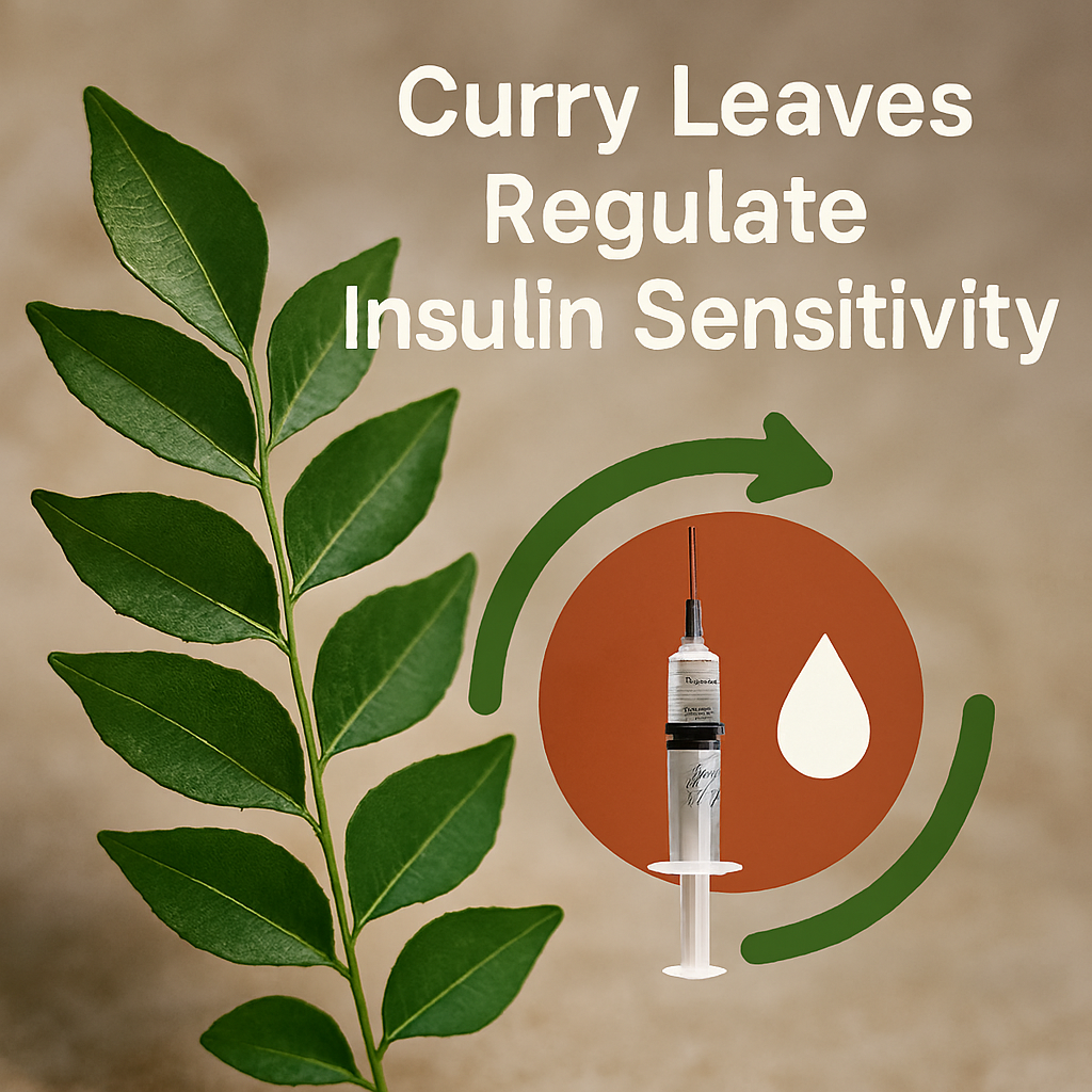 Realistic image of fresh green curry leaves beside an infographic-style icon showing an insulin syringe and blood drop, with a green arrow symbolizing improved insulin sensitivity. Text reads: “Curry Leaves Regulate Insulin Sensitivity.”