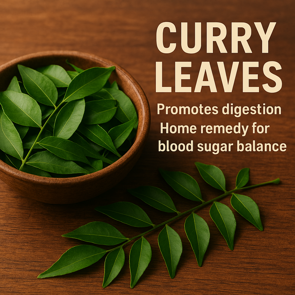Fresh green curry leaves in a wooden bowl and on a rustic wooden surface, with text highlighting their medicinal uses for promoting digestion and balancing blood sugar.