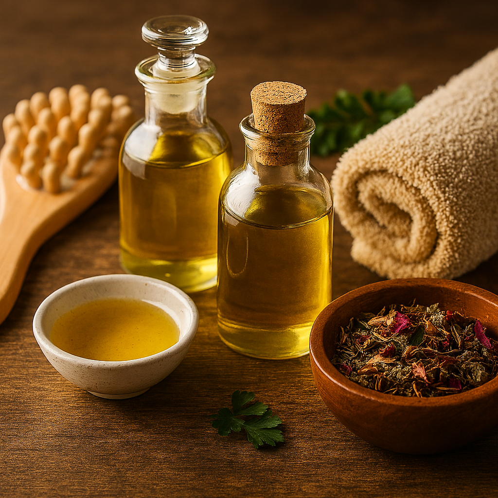 Ayurvedic self-care setup with golden massage oils, herbal bath blend, wooden brush, and rolled towel on a rustic wooden surface.