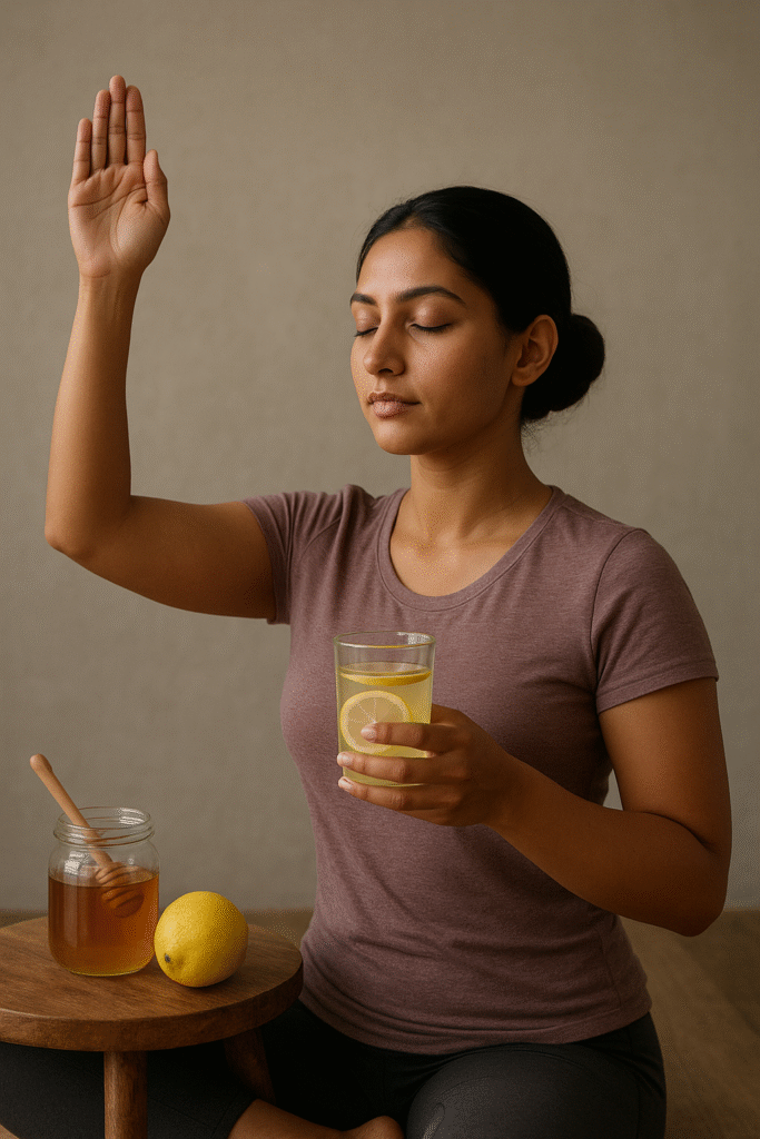 A woman practices meditation with one hand raised while holding a glass of lemon honey water. A jar of honey with a dipper and a lemon rest on a small wooden table beside her.