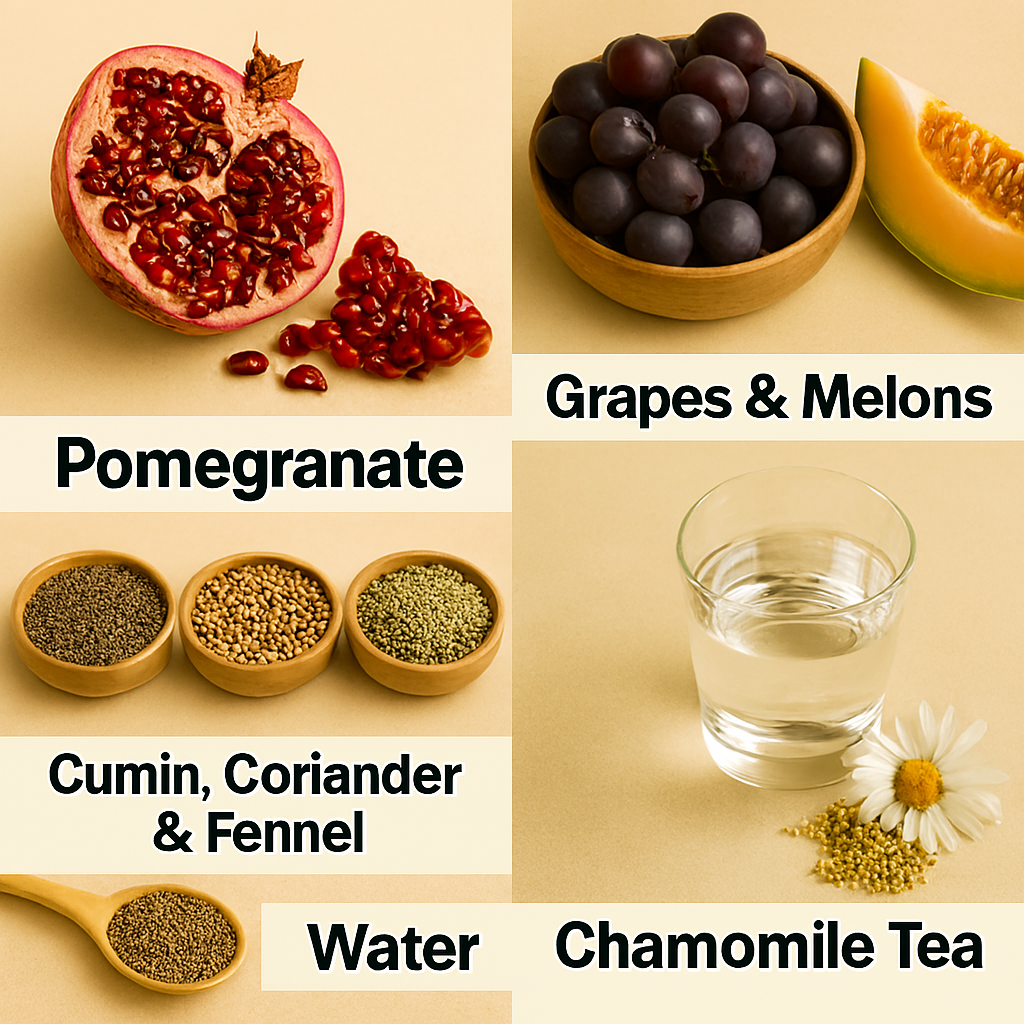 Realistic collage of pomegranate, grapes, melon slices, cumin seeds, coriander seeds, fennel seeds, a glass of water, and chamomile tea—each item clearly labeled and arranged on a neutral background with soft lighting.