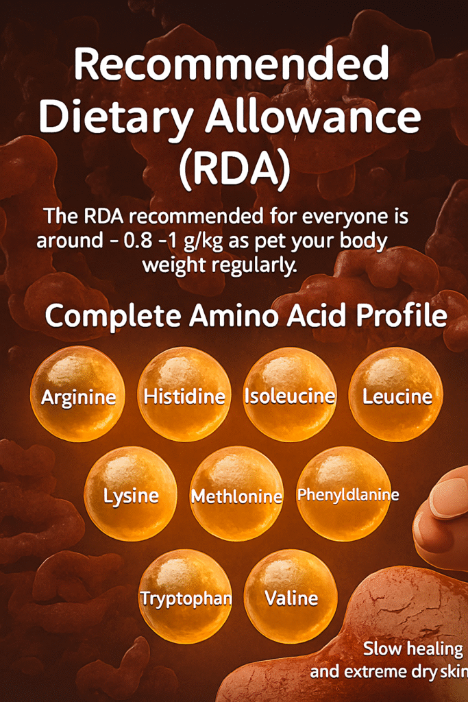 3D-rendered image showing glowing golden spheres labeled with essential amino acids—Arginine, Histidine, Isoleucine, Leucine, Lysine, Methionine, Phenylalanine, Threonine, Tryptophan, and Valine—set against a background of coiled protein structures with RDA guidelines written above.