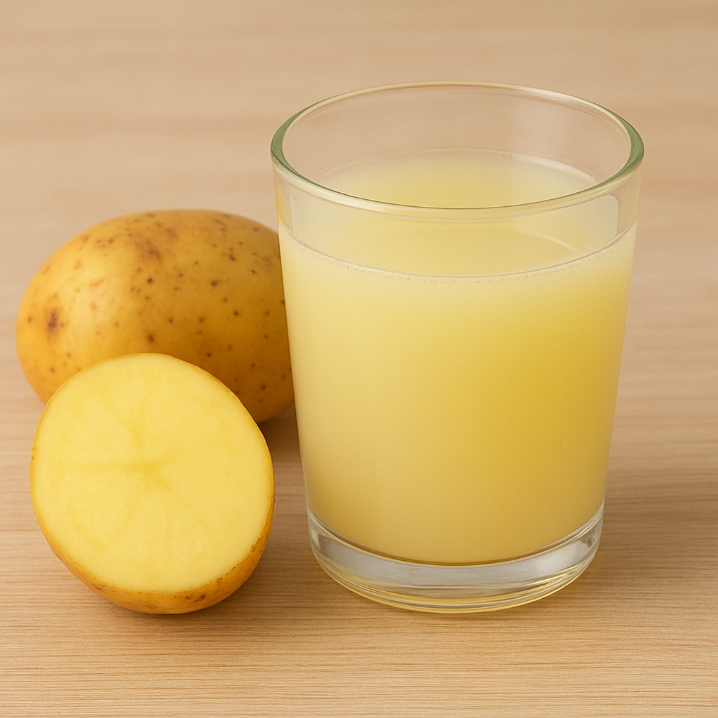 A glass of pale yellow potato juice placed on a wooden table with whole and sliced raw potatoes beside it.