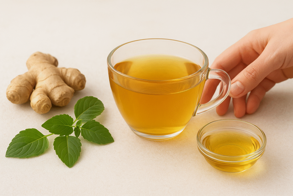 A glass cup of ginger-tulsi herbal tea with fresh basil leaves, ginger root, and a small bowl of sesame oil beside a hand on a light surface