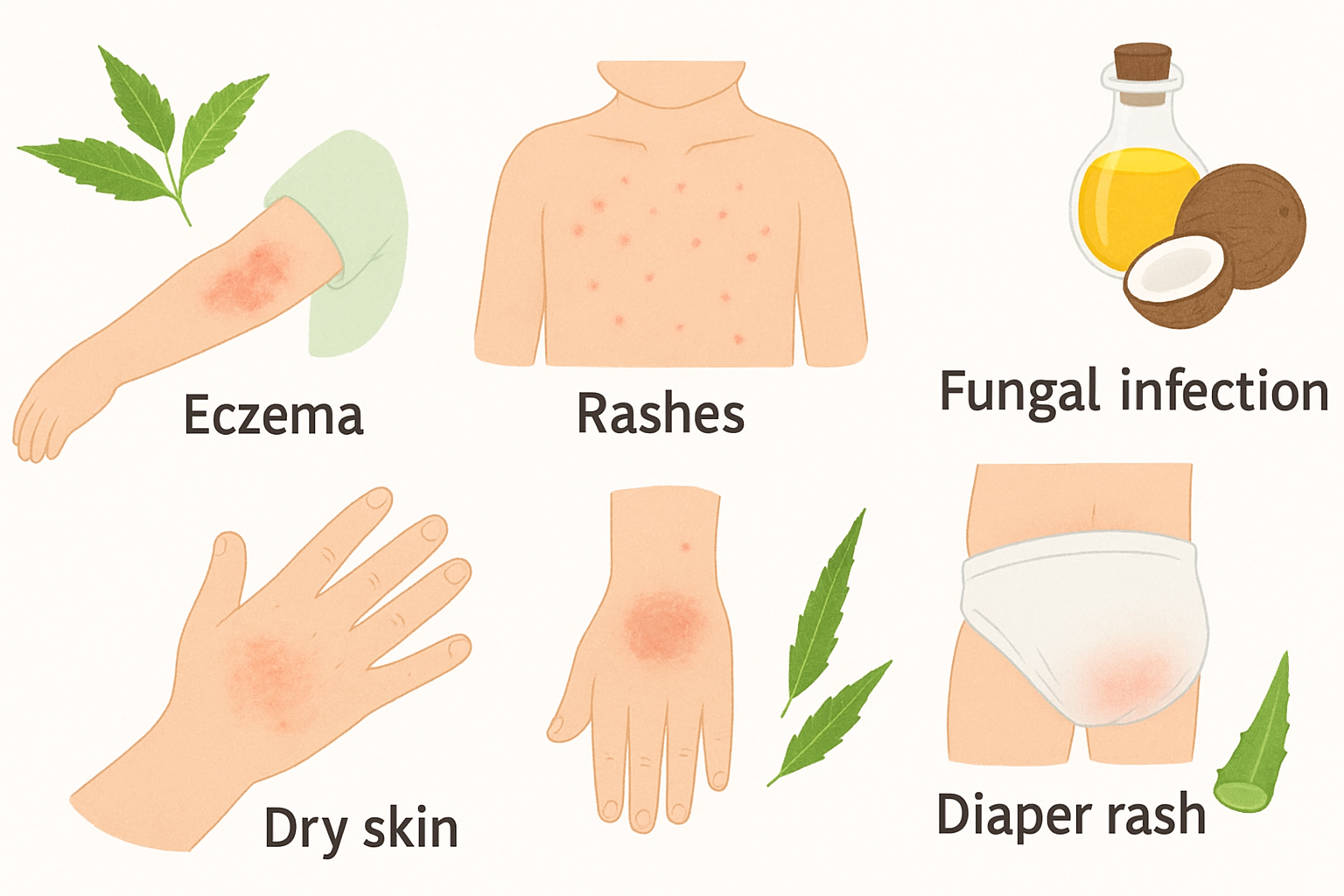 Educational illustration showing eczema, rashes, fungal infection, dry skin, and diaper rash in children, with natural remedies like neem leaves, coconut oil, and aloe vera.