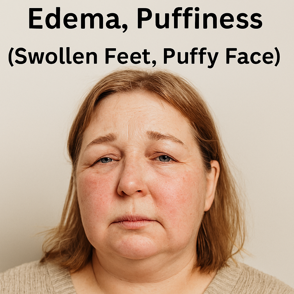 Close-up portrait of a middle-aged woman with visible facial puffiness and swelling around the eyes and cheeks, illustrating symptoms of edema and fluid retention. She wears a beige sweater and has a neutral expression against a light background.