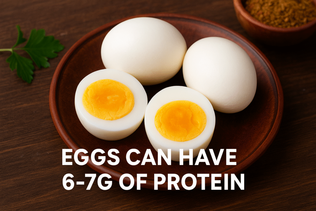 Hard-boiled eggs on a plate, one cut open to show yolk, highlighting that eggs provide 6–7 grams of protein.