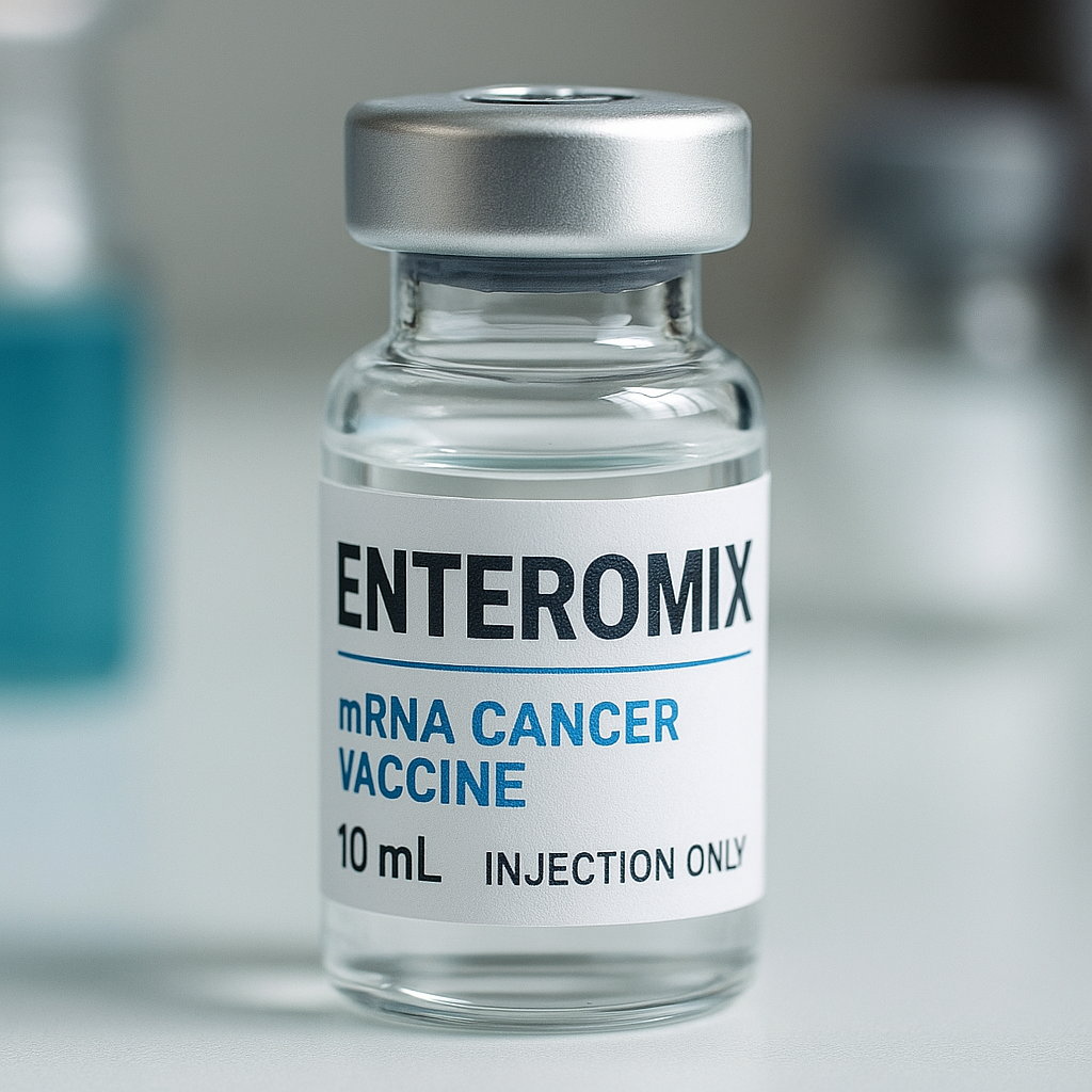 Close-up of Enteromix mRNA cancer vaccine vial with clear liquid and sterile lab background.