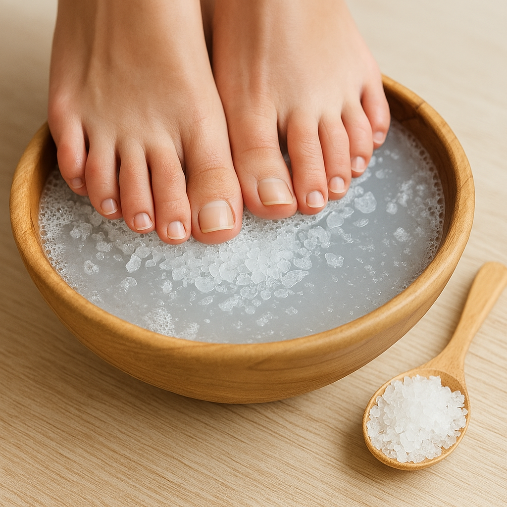 Bare feet soaking in a wooden bowl filled with warm water and coarse Epsom salts, with a wooden spoon of extra salts beside it.