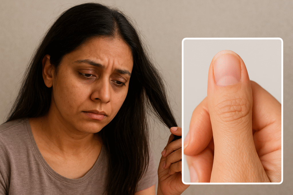A close-up of a worried woman holding strands of her falling hair, with an inset showing fragile, chipped nails, symbolizing protein deficiency and weak immune health.