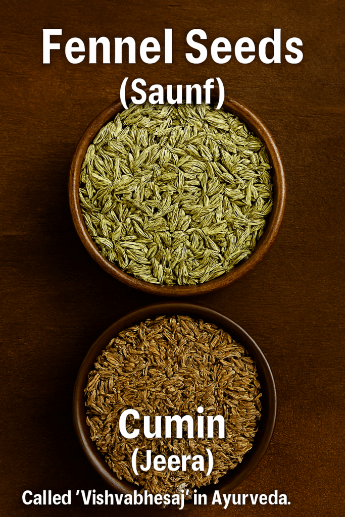 Realistic image showing two wooden bowls placed on a rustic surface—one filled with light green fennel seeds and the other with warm brown cumin seeds. Labels identify each spice in English and Hindi.