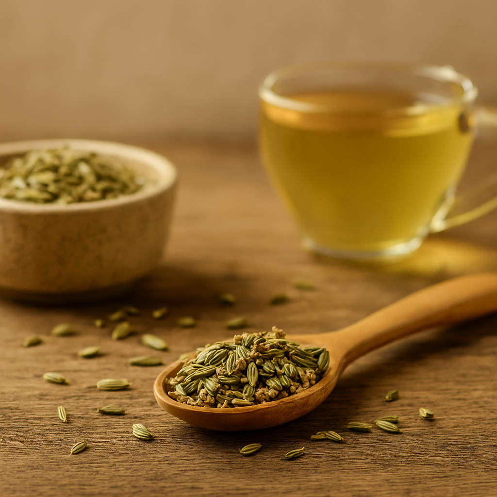 Wooden spoon filled with fennel seeds beside a ceramic bowl and a glass cup of golden fennel tea on a rustic wooden surface.