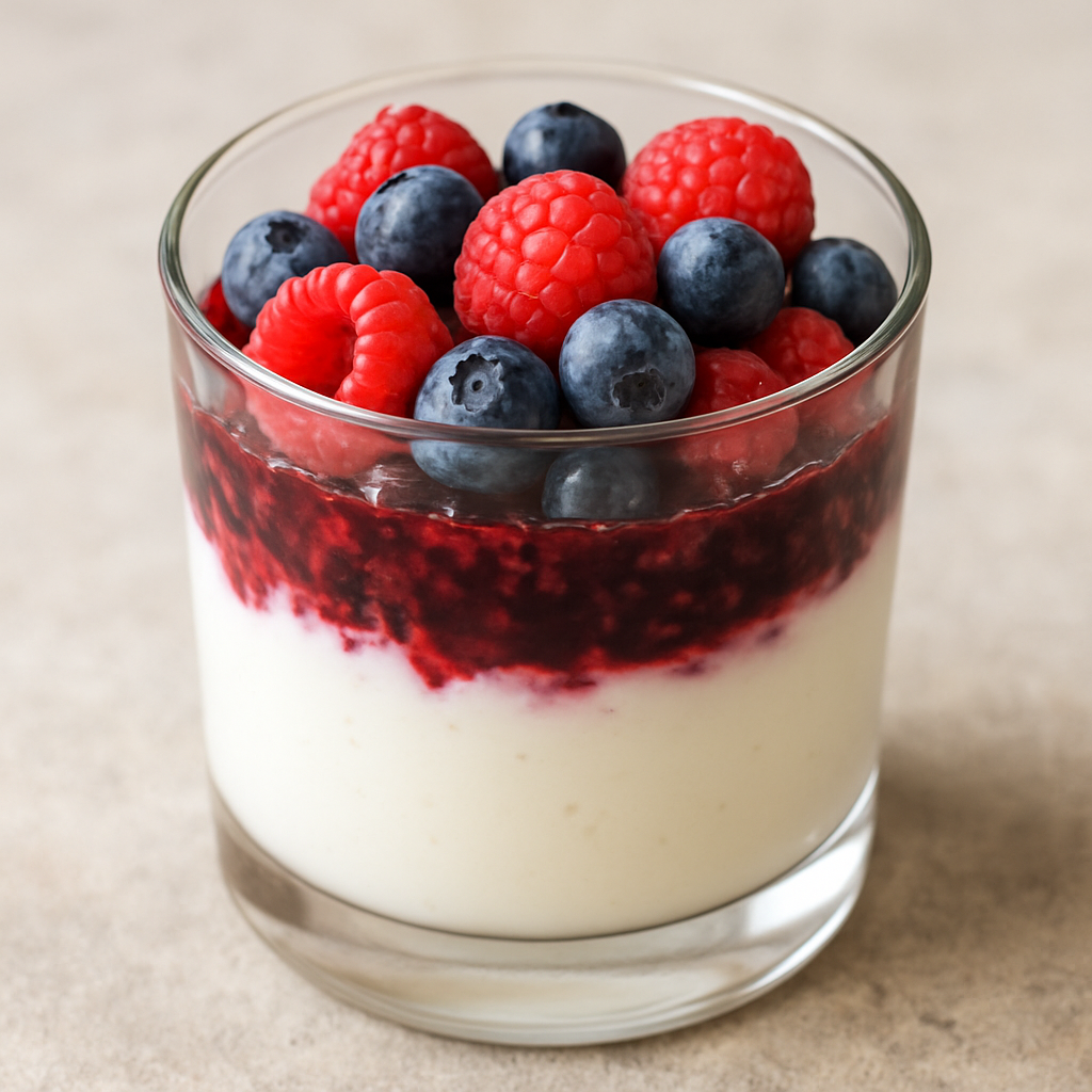 A glass of fermented yogurt parfait topped with blueberries, raspberries, and a layer of berry compote.