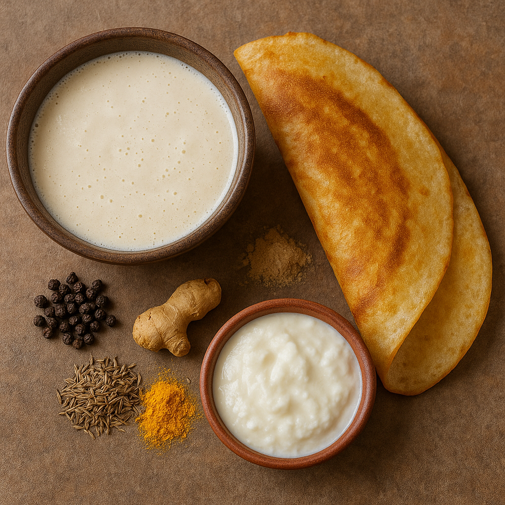 A dosa, bowl of idli batter, fresh curd, and assorted spices like black pepper, cumin, turmeric, ginger, and hing arranged neatly on a rustic surface.