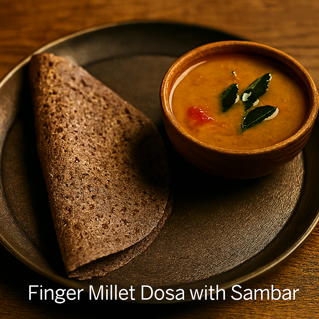 Dark metal plate with a folded finger millet dosa and a wooden bowl of orange sambar garnished with curry leaves, placed on a wooden surface.