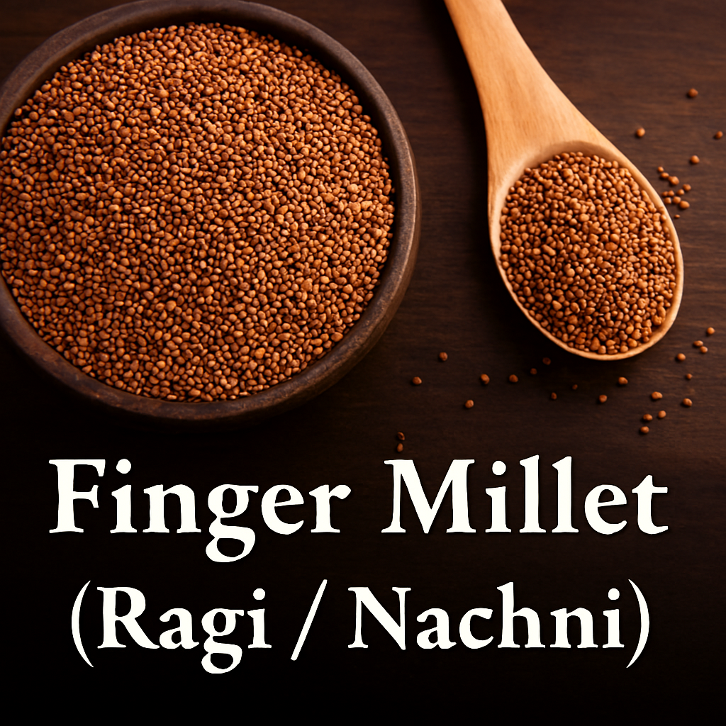 Close-up of reddish-brown Finger Millet grains in a wooden bowl and spoon on a dark wooden surface, with white text reading “Finger Millet (Ragi / Nachni)”—highlighting its rustic texture and nutritional value.