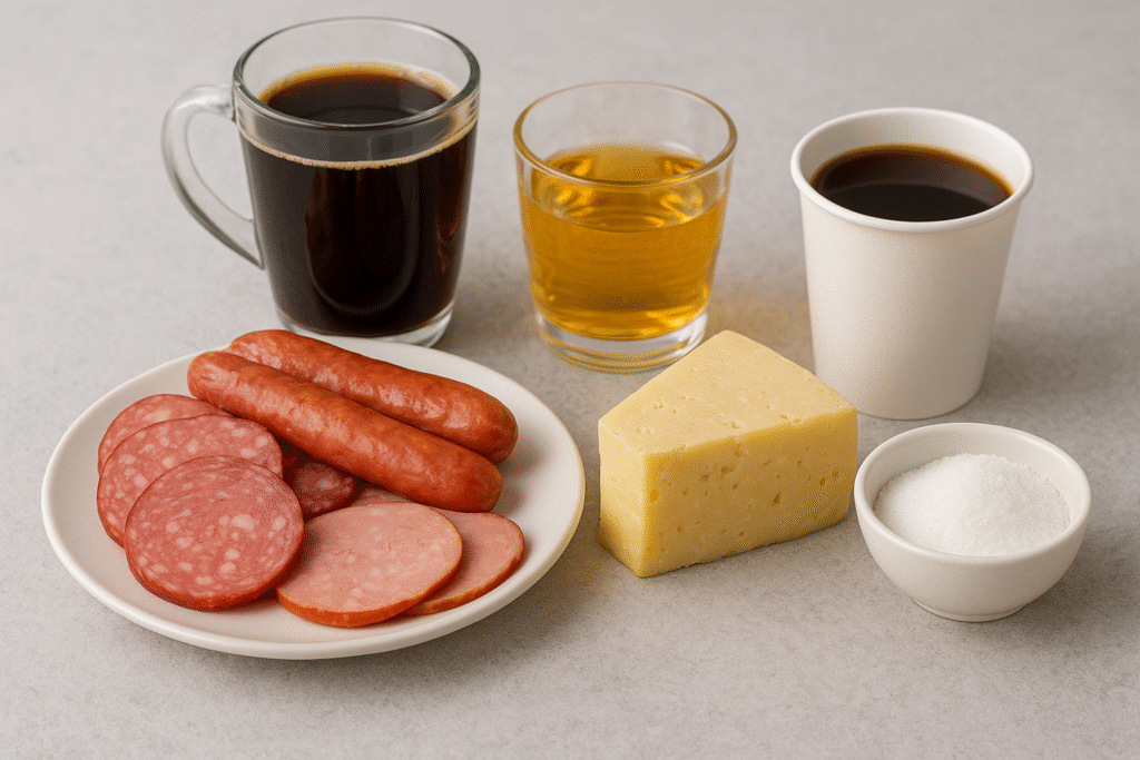 A plate of processed meats with aged cheese, coffee, alcohol, and a bowl of sweeteners on a gray surface.