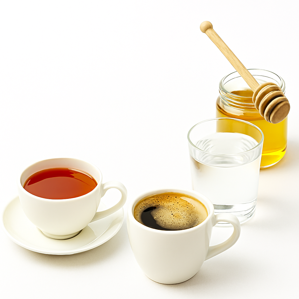 Realistic image showing a cup of tea, a cup of coffee, a glass of warm water, and a jar of honey with a wooden dipper, arranged in a straight line on a white background.