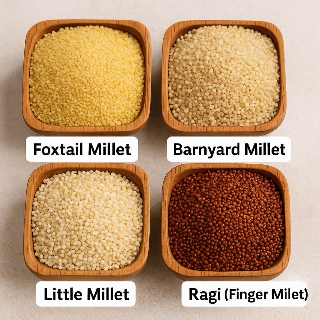 “Close-up image showing four types of millets—foxtail millet, barnyard millet, little millet, and ragi (finger millet)—in wooden bowls for healthy diet, weight loss, and diabetes control”