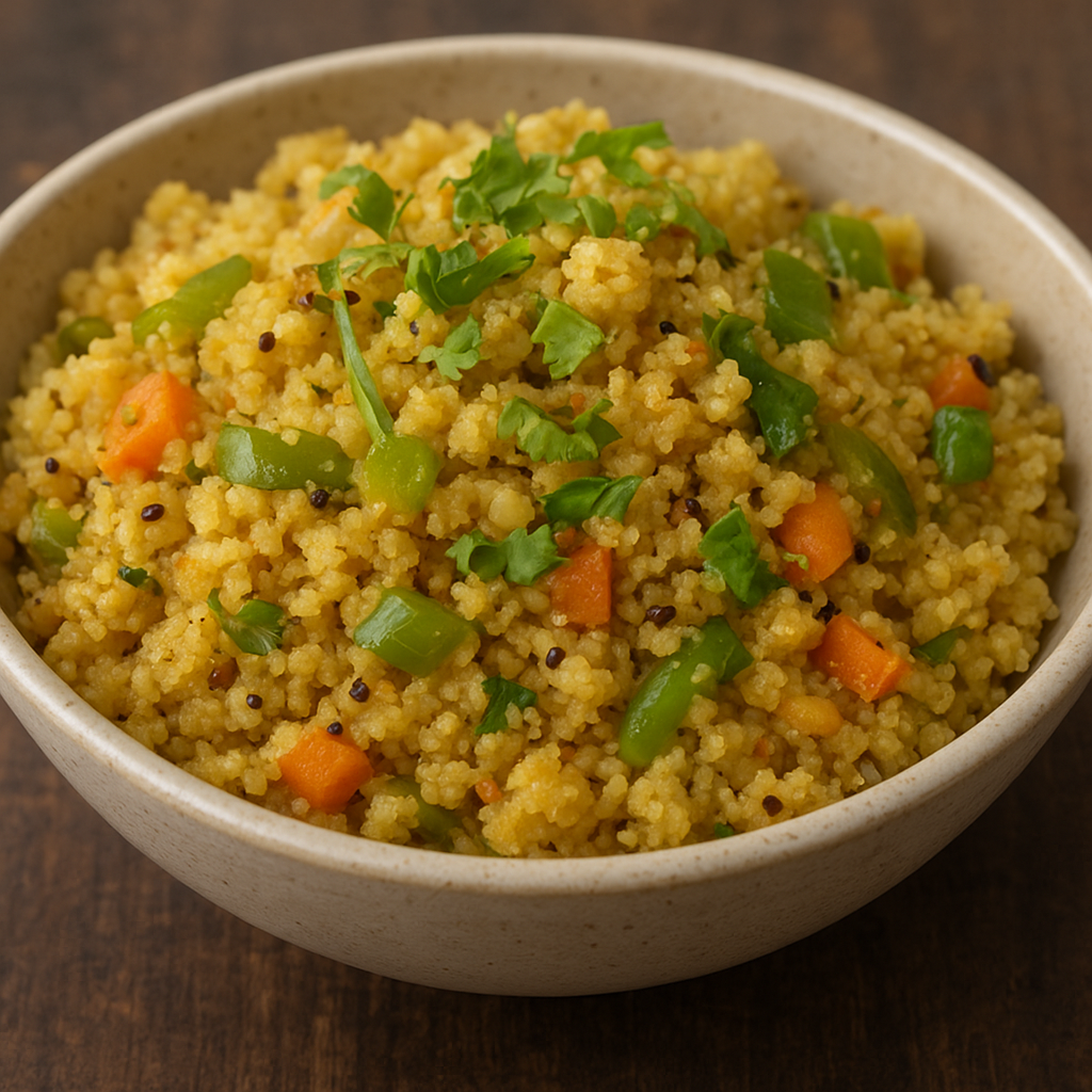 A bowl of foxtail millet upma garnished with fresh coriander, mixed with carrots, green beans, and mustard seeds.