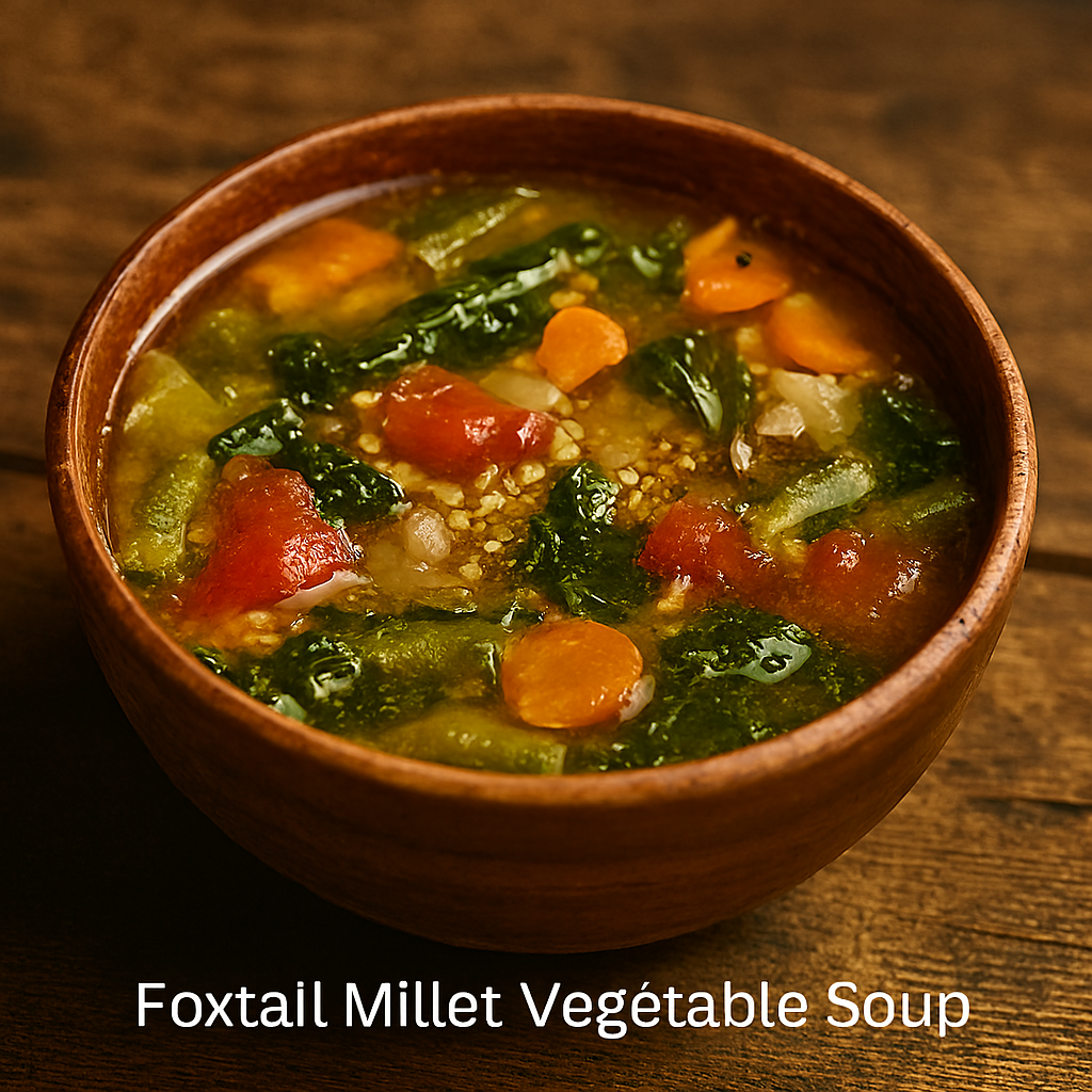 Rustic ceramic bowl filled with golden foxtail millet vegetable soup featuring leafy greens, tomatoes, carrots, beans, and visible millet grains on a wooden surface.