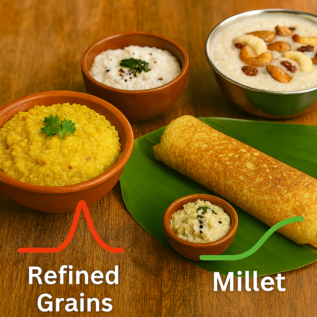 Three traditional Indian dishes made with foxtail millet—khichdi garnished with coriander in a clay bowl, dosa on a banana leaf with coconut chutney, and creamy porridge topped with dry fruits in a steel bowl—arranged on a wooden table in warm natural light.