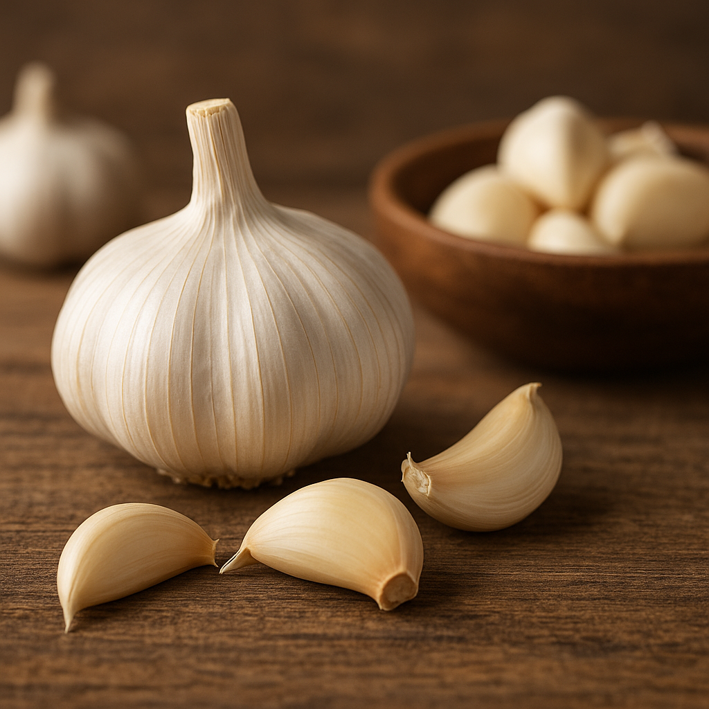 Close-up of a fresh garlic bulb with separated cloves on a rustic wooden surface, with a wooden bowl of garlic cloves blurred in the background.