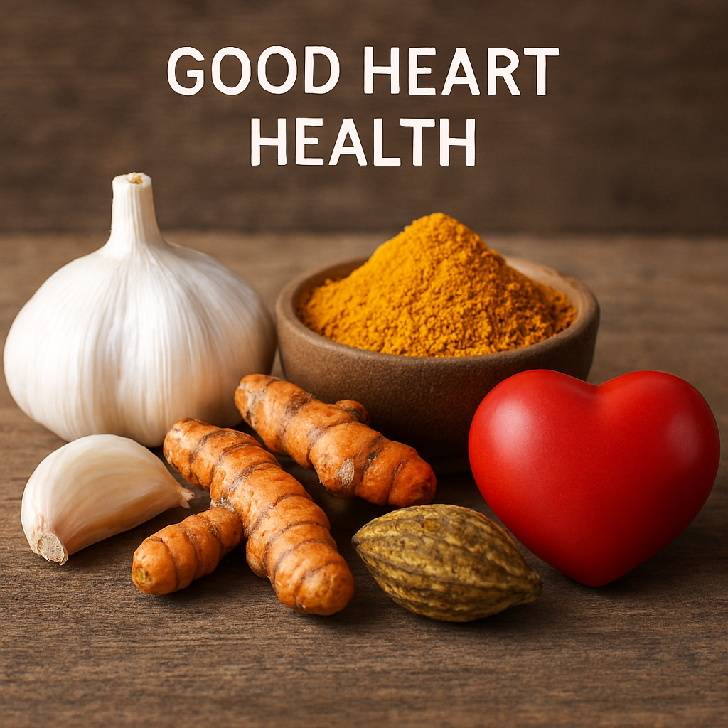 Realistic image of garlic bulb and clove, fresh turmeric roots, turmeric powder in a wooden bowl, dried Haritaki fruit, and a red heart symbol arranged on a rustic wooden surface with the text “GOOD HEART HEALTH.”