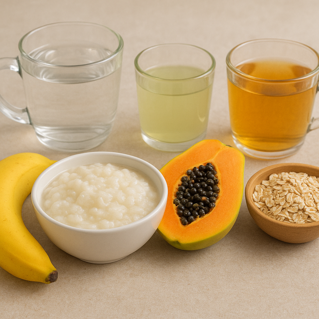 A banana, papaya, rice porridge, oatmeal, and three drinks—warm water, aloe vera juice, and a honey-based beverage—arranged neatly on a beige surface.