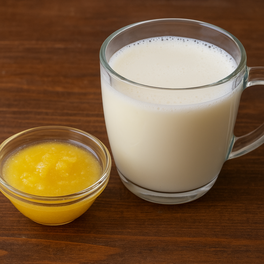A glass of warm milk beside a small bowl of golden ghee on a wooden table, representing an Ayurvedic home remedy for constipation.