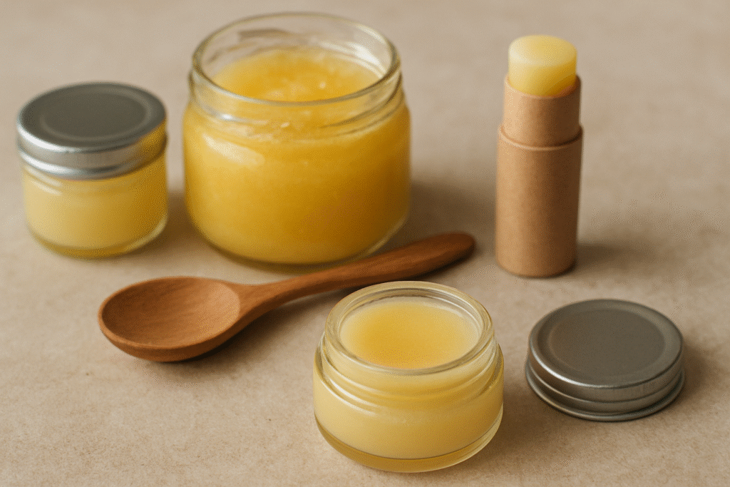 Homemade ghee-based lip balm in small glass jars and a kraft tube with a wooden spoon on a beige background.