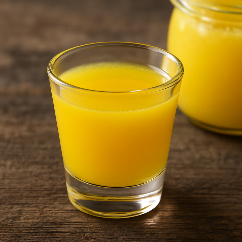 A clear shot glass filled with golden melted ghee placed on a wooden table.