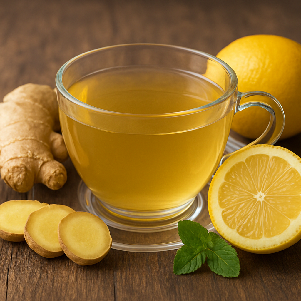 A clear glass cup of ginger and lemon infusion with fresh ginger slices, lemon halves, and mint on a wooden surface.