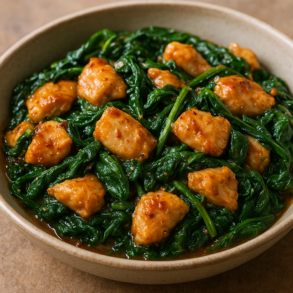 A bowl of golden-brown ginger-spiced chicken pieces stir-fried with vibrant green spinach in a glossy sauce.
