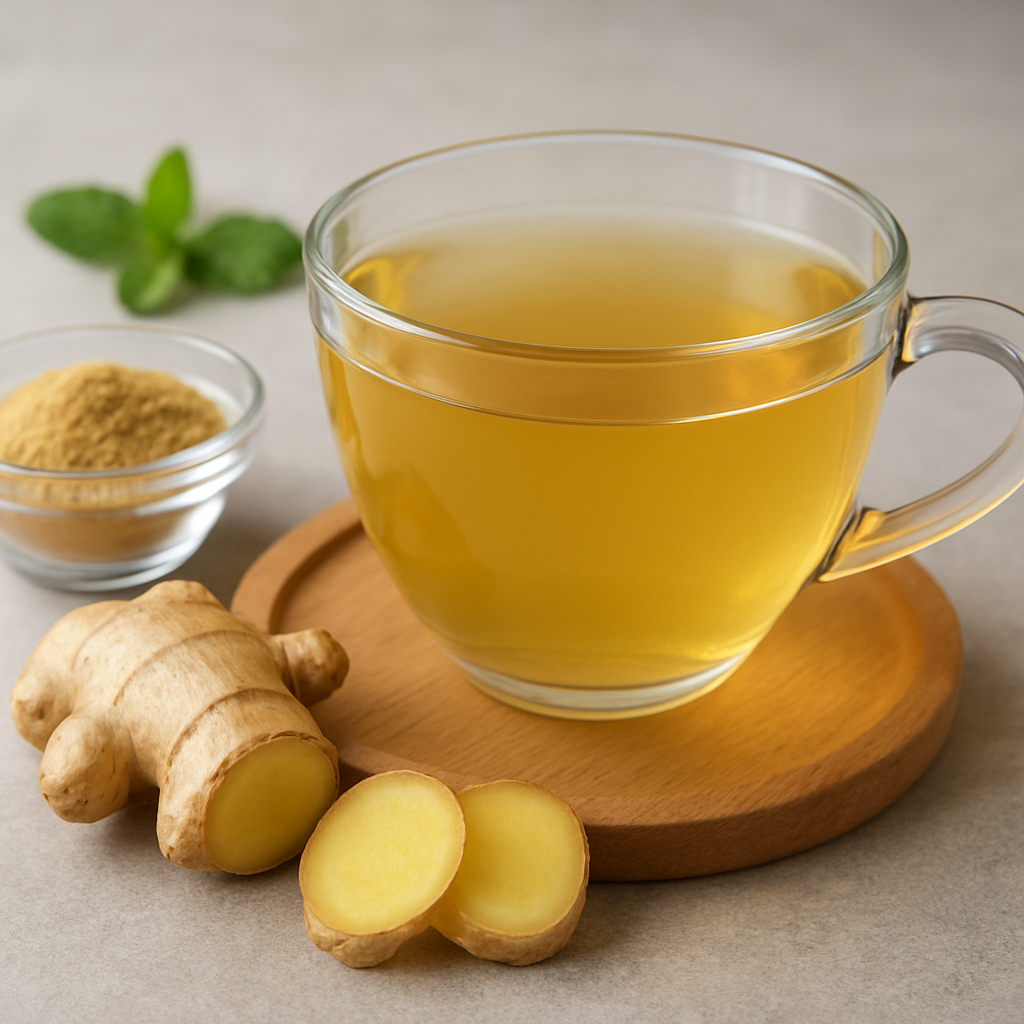 A clear glass cup of ginger tea with fresh ginger slices and powdered ginger on a wooden table.