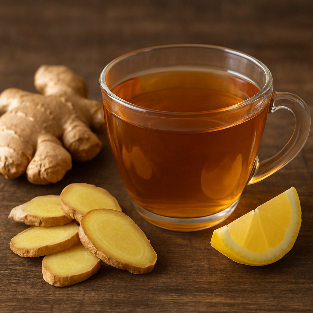 A glass cup of ginger tea placed on a wooden surface with fresh ginger slices and a lemon wedge beside it.