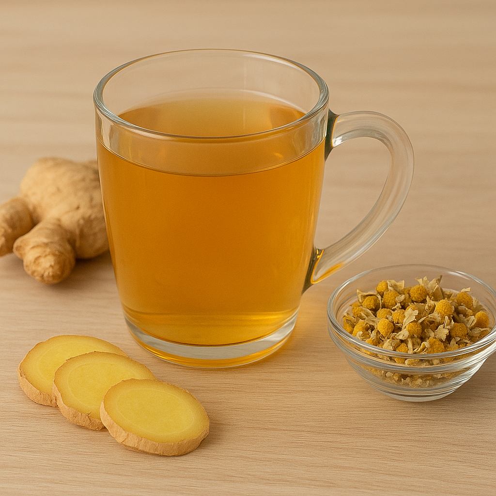 A glass cup of golden herbal tea with fresh ginger slices, chamomile flowers, and ginger root placed on a wooden table.