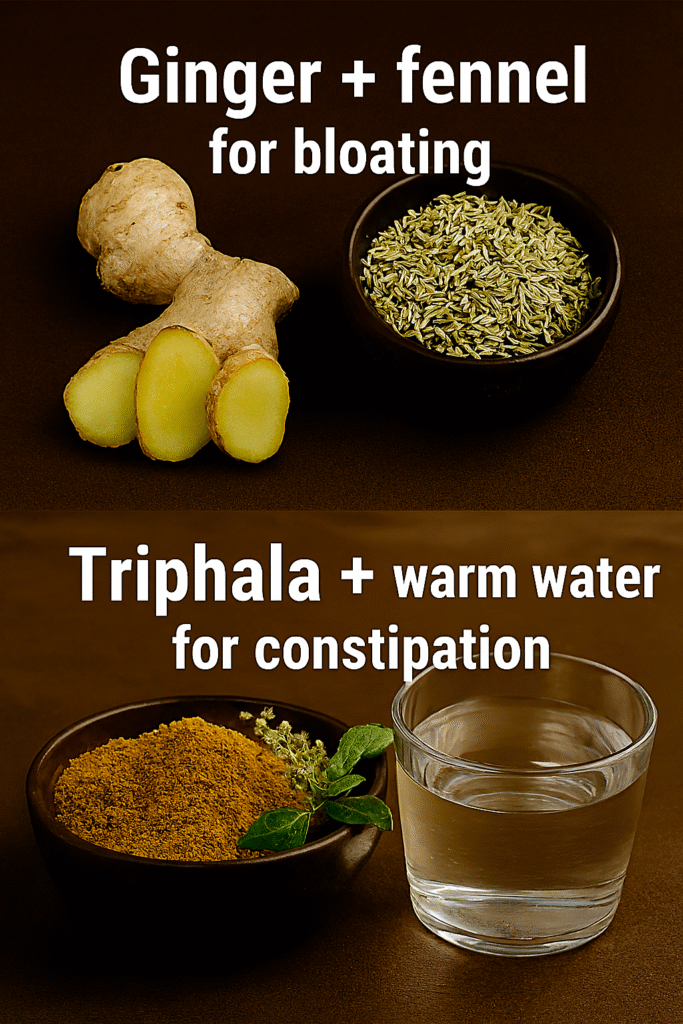 Split image showing ginger root and fennel seeds in the top half, and Triphala powder with a glass of warm water in the bottom half. Text overlays describe their digestive benefits.