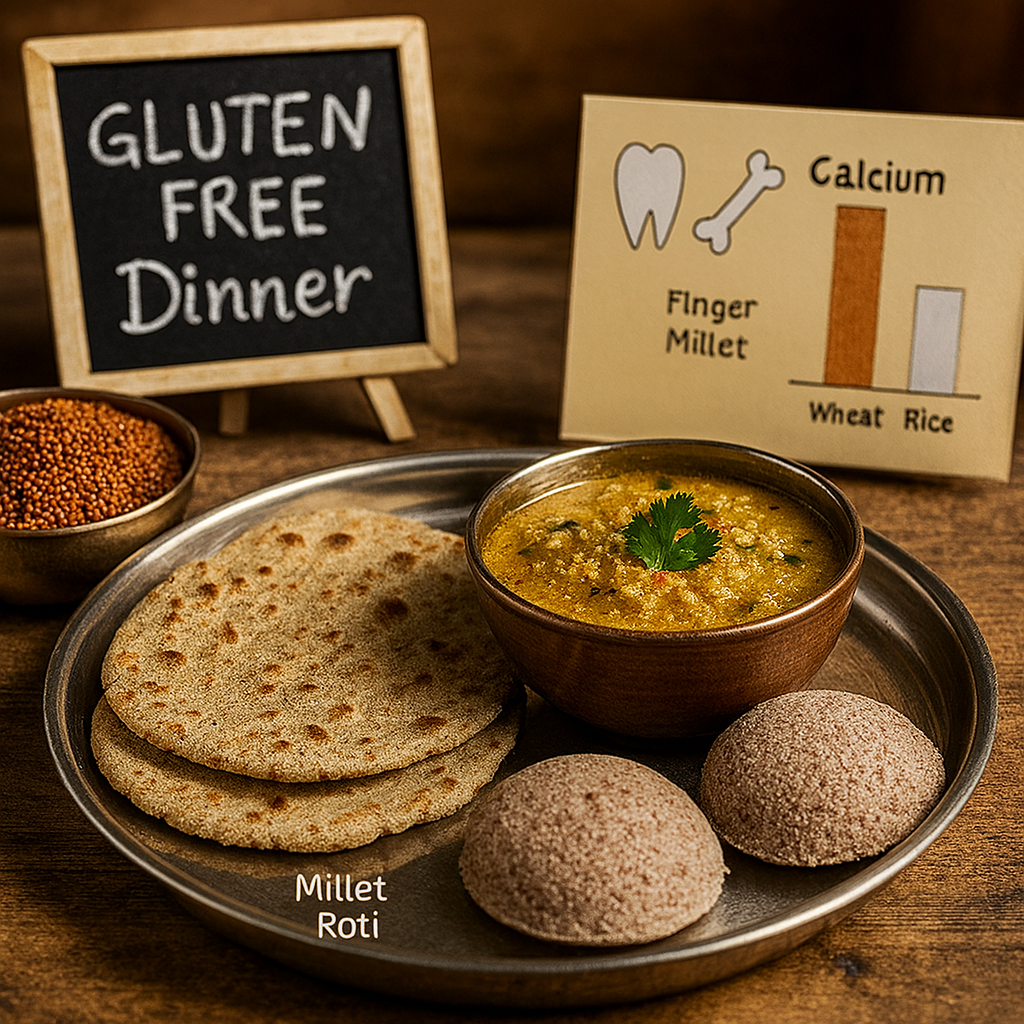 Traditional Indian steel thali with millet roti, millet khichdi, and steamed finger millet idlis, beside a chalkboard reading “Gluten-Free Dinner” and a chart comparing calcium content in grains.