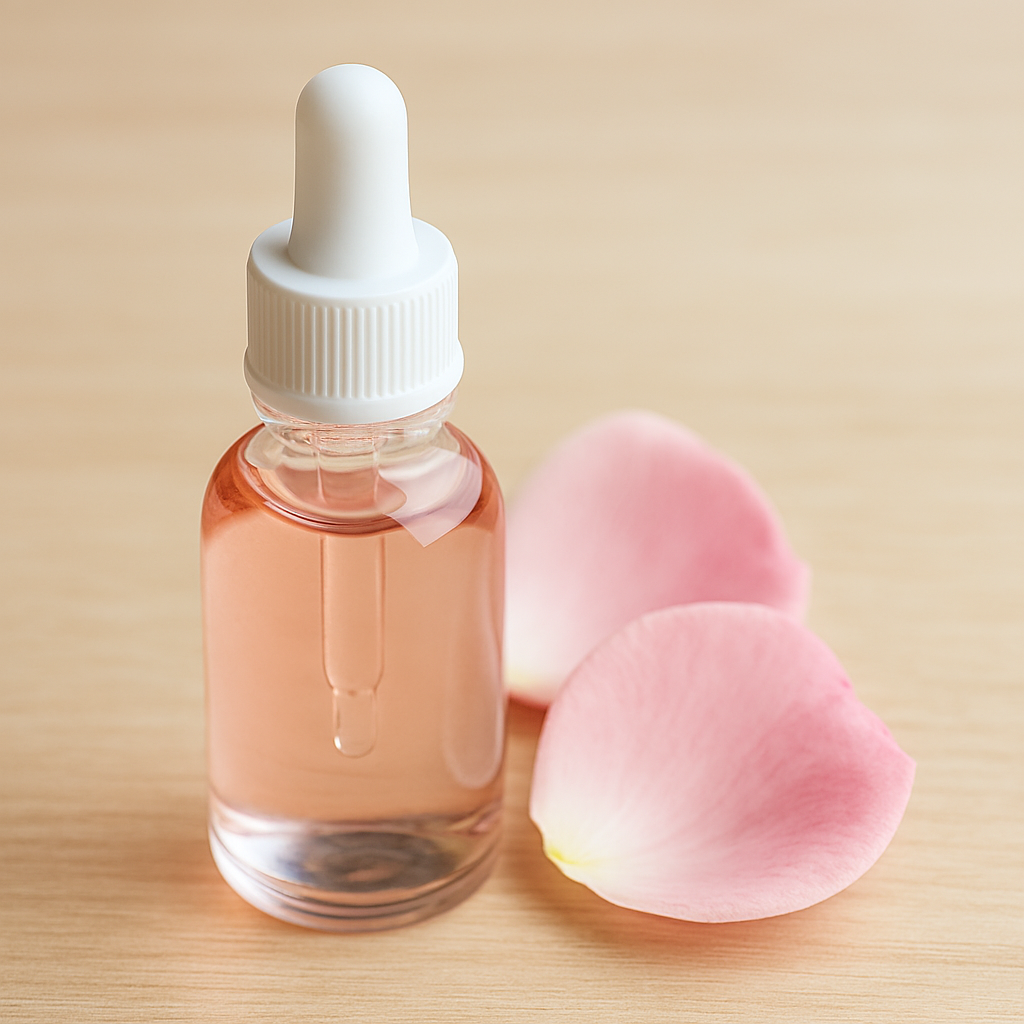 Clear glass dropper bottle filled with pale pink liquid, placed beside two soft pink rose petals on a light wooden surface.