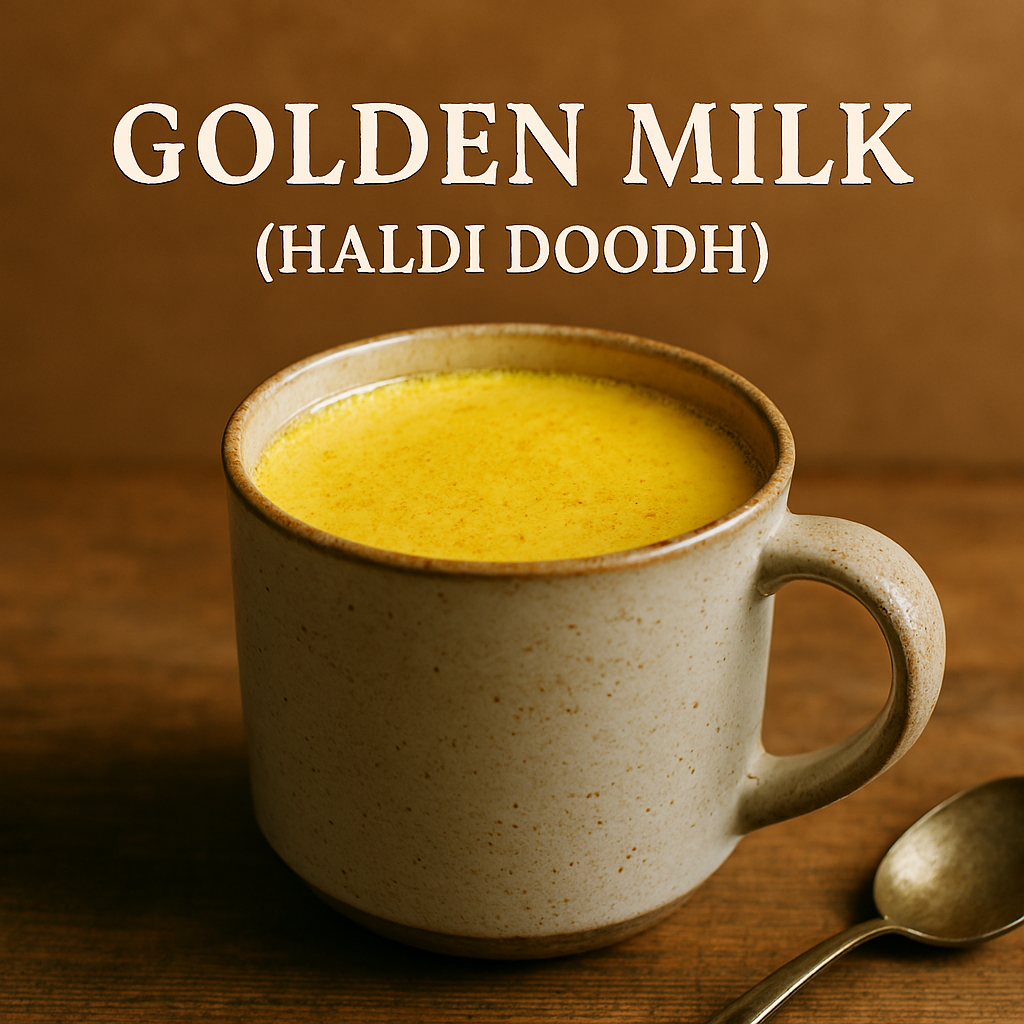 Photograph of a ceramic mug filled with vibrant golden milk, placed on a rustic wooden surface with a vintage spoon beside it.