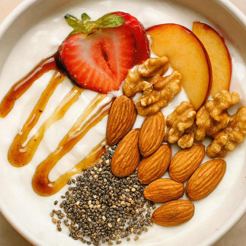 A bowl of thick Greek yogurt topped with sliced strawberry, peach wedges, walnuts, almonds, chia seeds, and a drizzle of honey or date syrup.