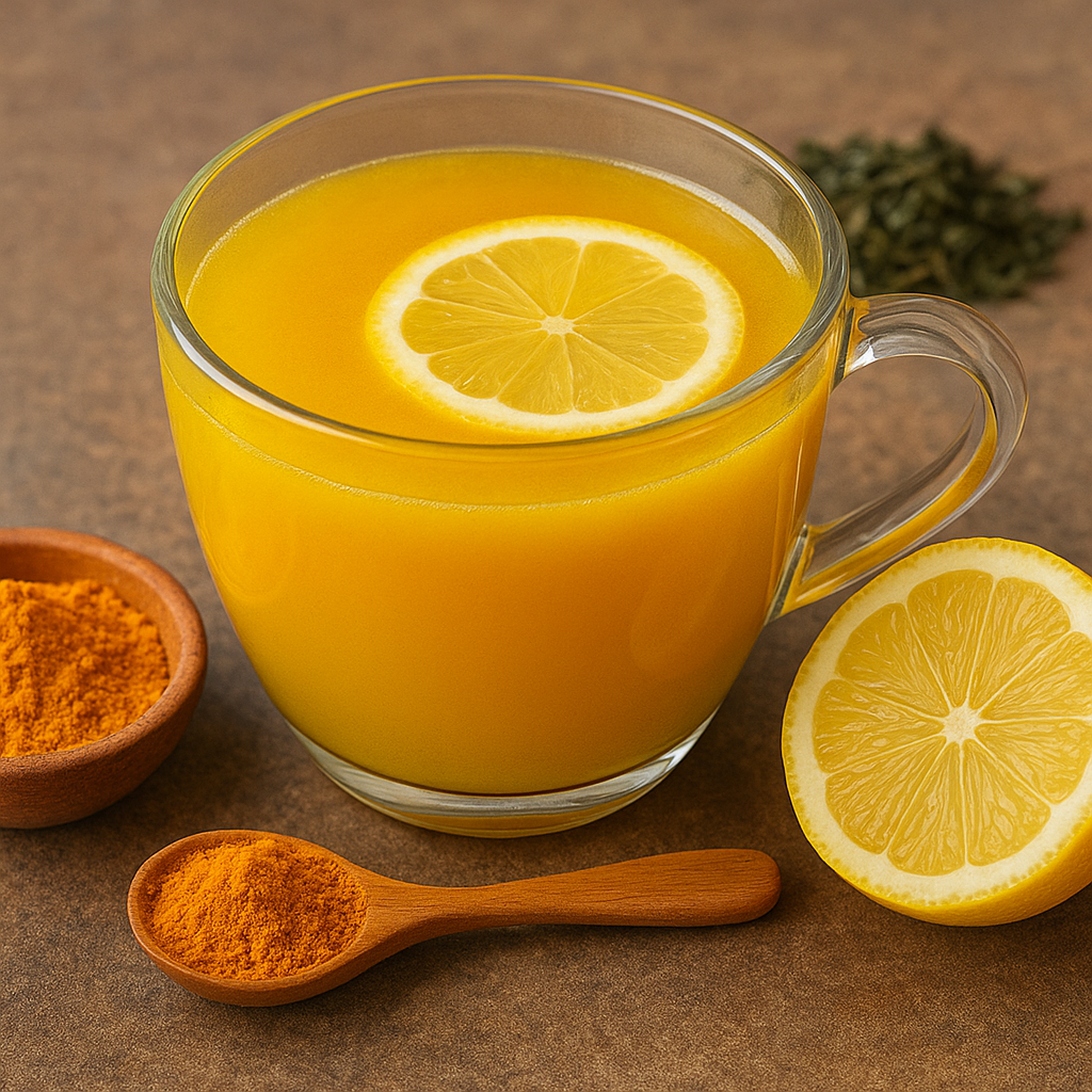 A glass cup of golden turmeric tea with a lemon slice, surrounded by turmeric powder, fresh lemon, and green tea leaves.