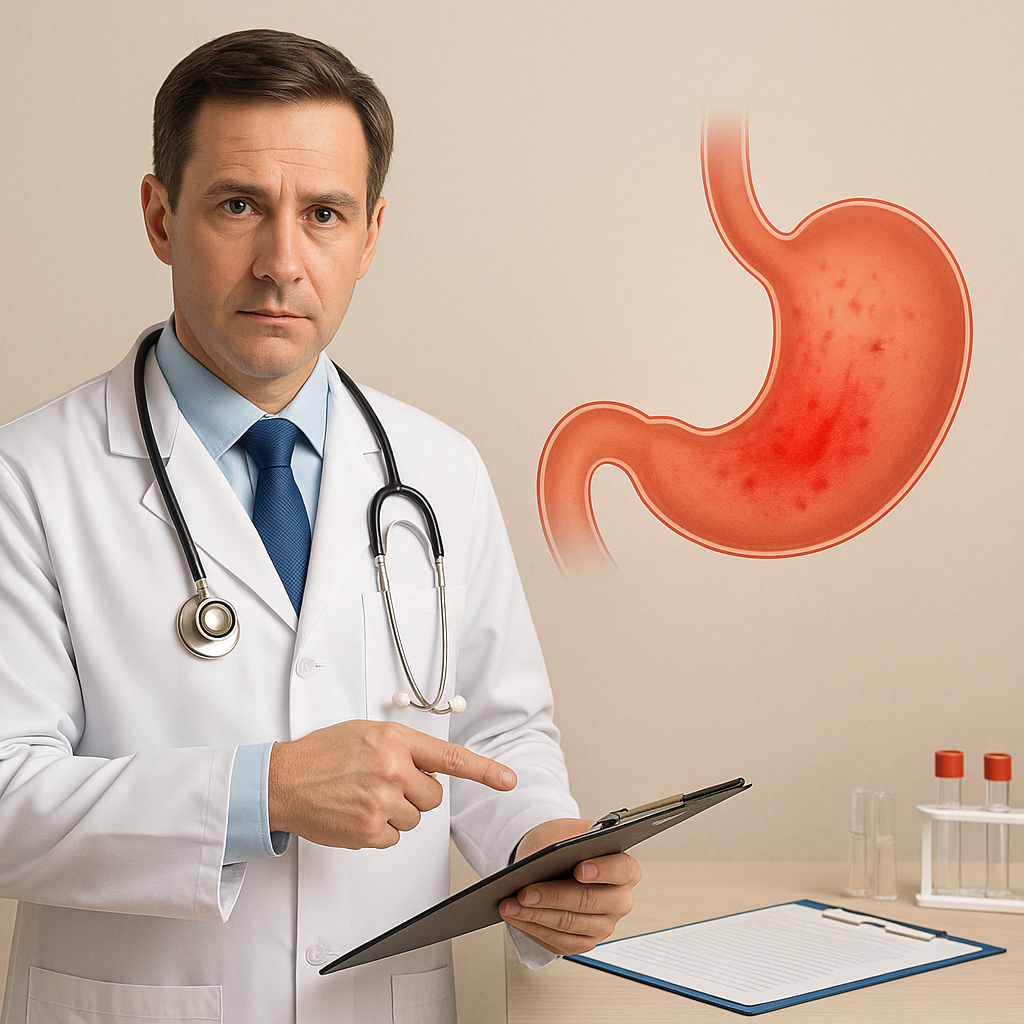A doctor in a white coat with a stethoscope holding a clipboard, next to a medical illustration of an inflamed stomach, with test tubes on a desk indicating H. pylori testing.