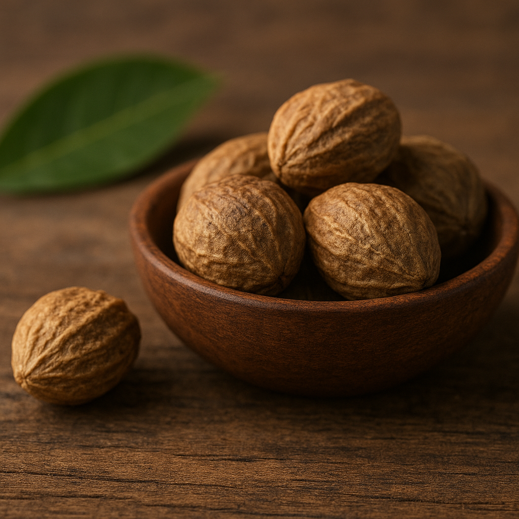 Close-up of dried Haritaki fruits in a wooden bowl with a green leaf in the background on a rustic wooden surface.
