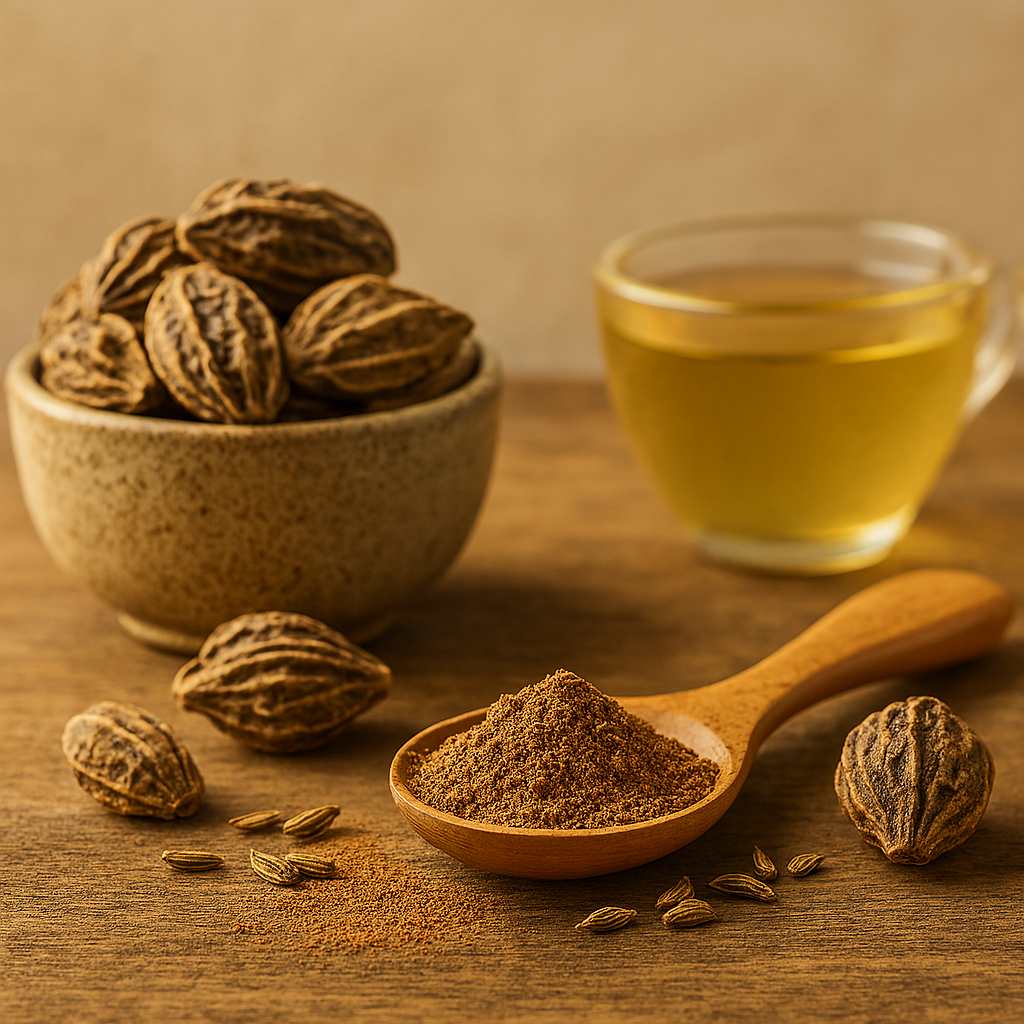 Rustic bowl of dried Haritaki fruits beside a wooden spoon filled with Haritaki powder, with a cup of herbal tea in the background.