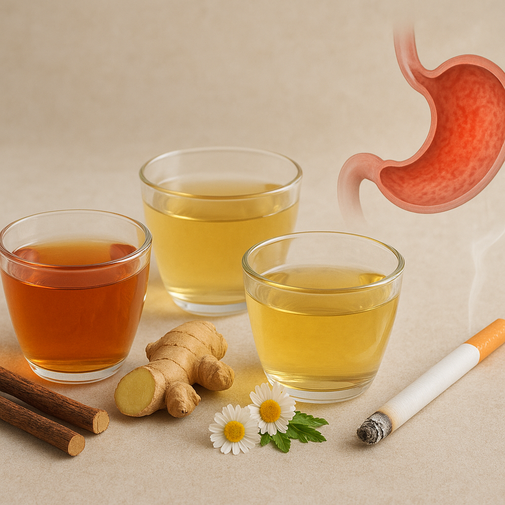 Three cups of herbal tea—licorice, ginger, and chamomile—arranged with their natural ingredients beside a lit cigarette and an illustration of an inflamed stomach.