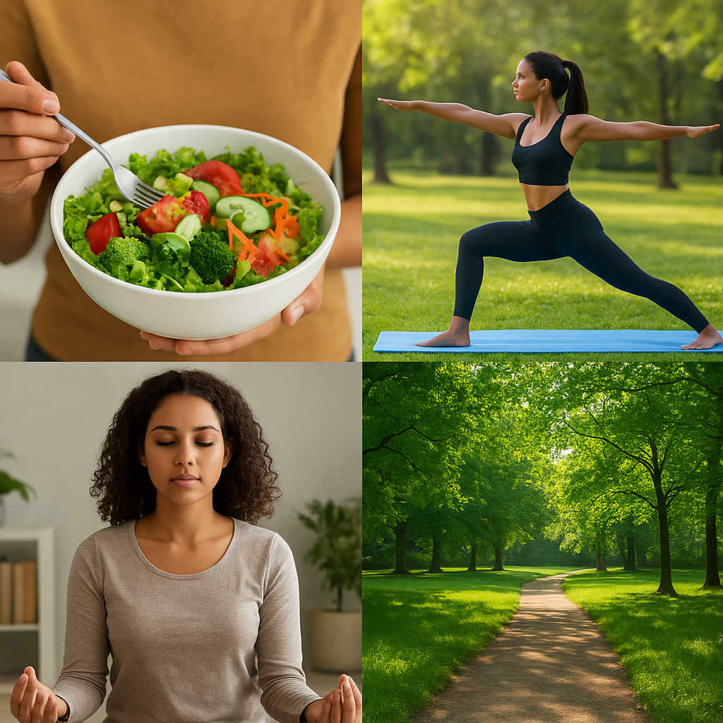 A collage showing a bowl of fresh salad, a woman doing yoga outdoors, a person meditating indoors, and a peaceful green park path symbolizing preventive healthcare.